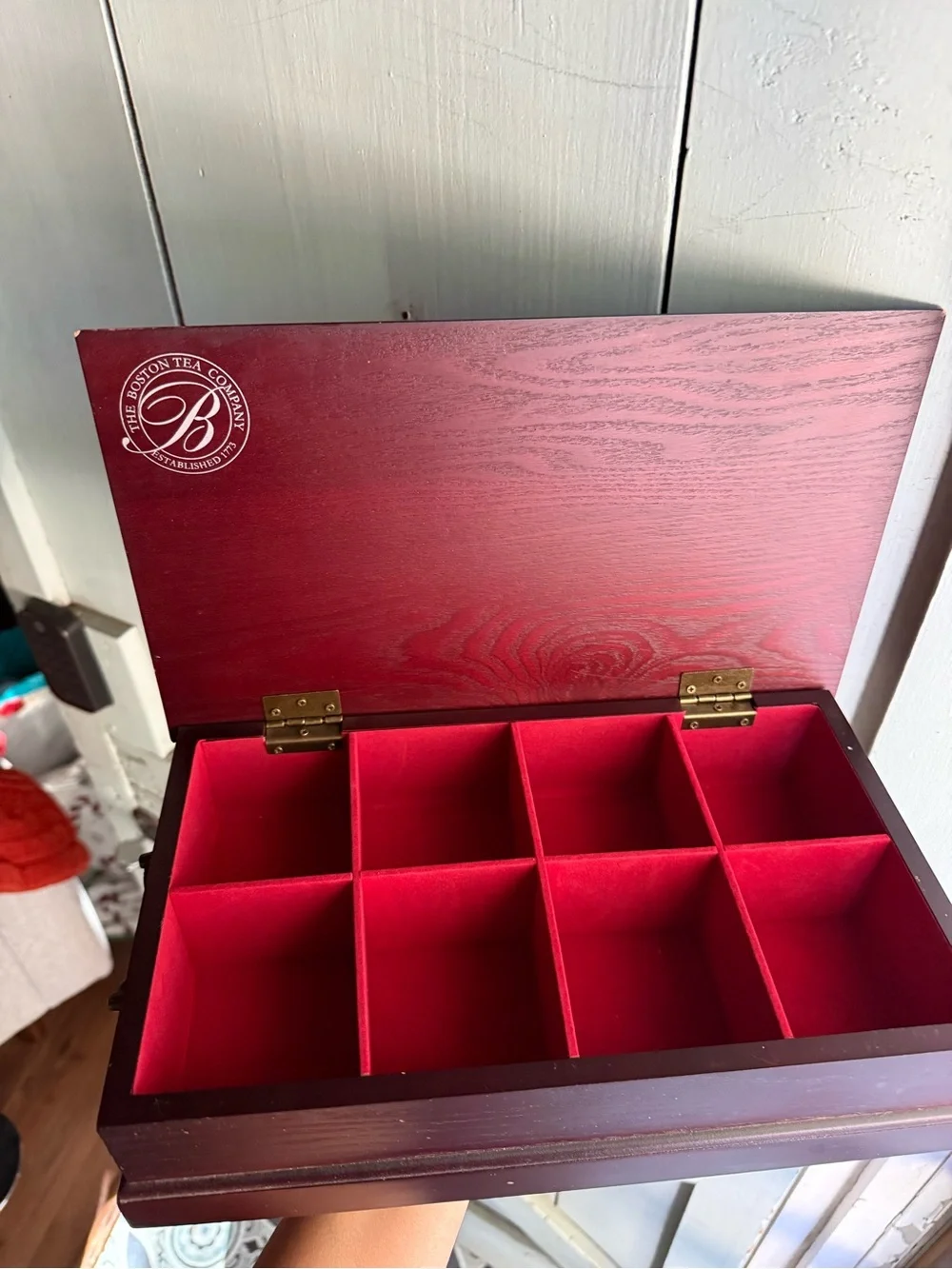 Wooden Tea or Jewelry Storage Box with 8 Compartments - Burgundy Red